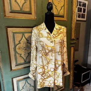 VINTAGE GUCCI GOLD / CREAM EQUESTRIAN DESIGN SILK BLOUSE EURO SIZE 40